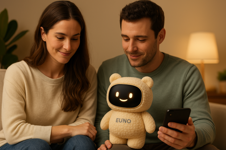 Parents détendus sur un canapé avec le robot EUNO, compagnon intelligent et évolutif, surveillant leur enfant via leur téléphone