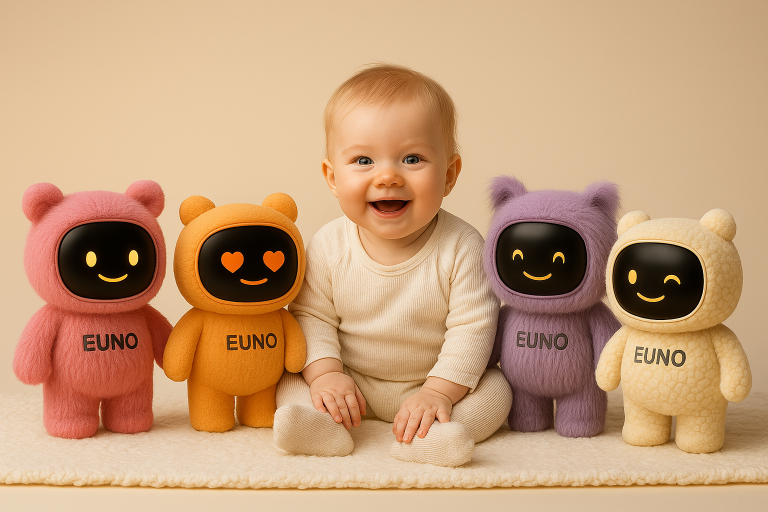Bébé assis sur un tapis est entouré de robots EUNO de différentes couleurs, chacun affichant une émotion différentes