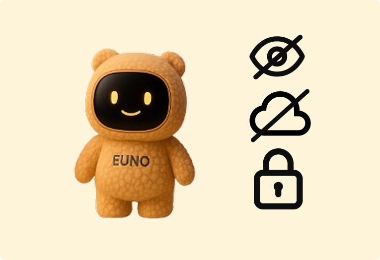 Le robot EUNO au design arrondi et chaleureux sourit au premier plan. À droite, trois icônes illustrent ses engagements : confidentialité, protection des données et sécurité