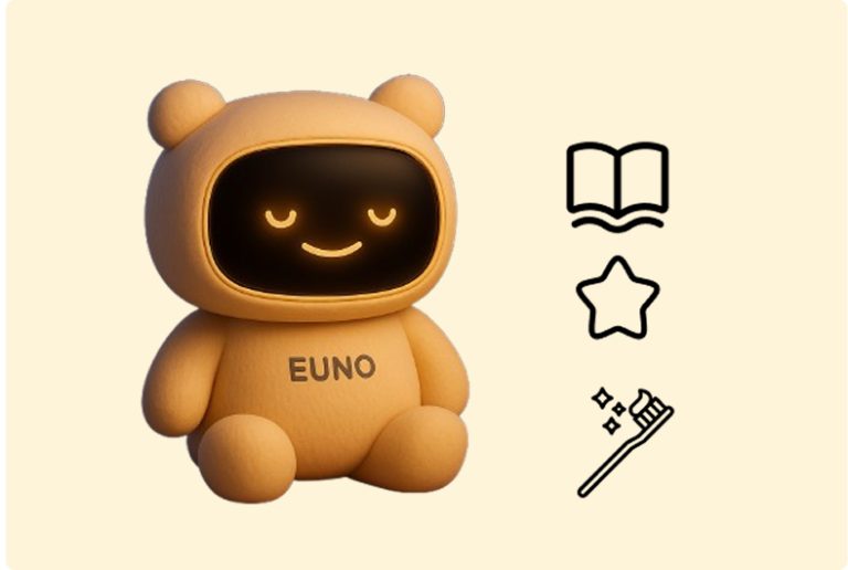 EUNO ferme les yeux avec un sourire calme. Autour de lui, les routines du soir : histoire, sommeil, brossage de dents
