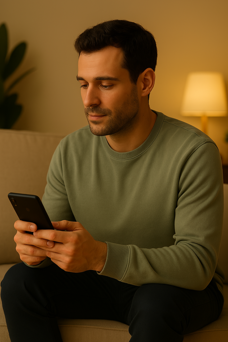 Lecture d’une newsletter EUNO sur smartphone par un homme assis sur un canapé dans une ambiance chaleureuse