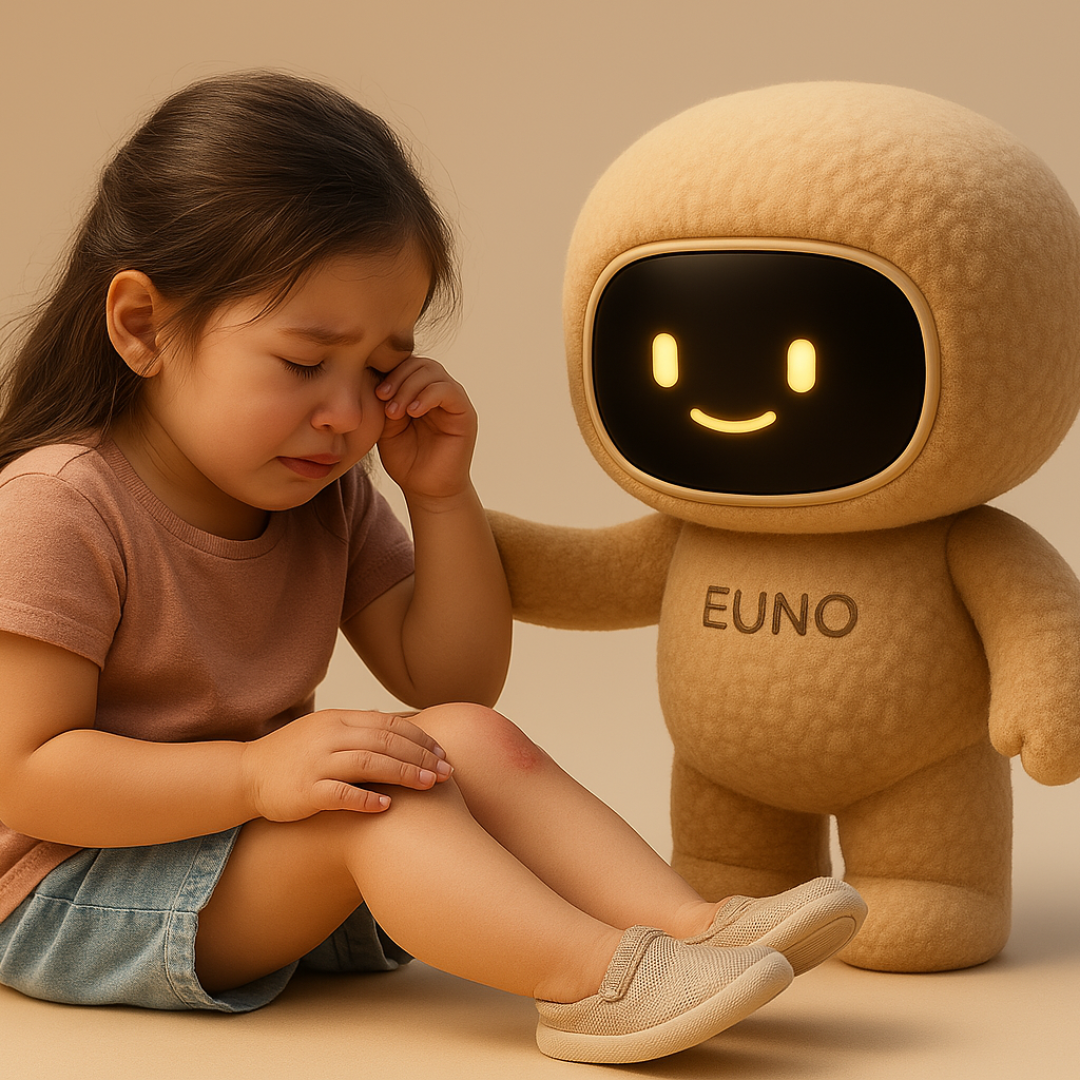 Enfant assis sur le sol est doucement enlacé par le robot compagnon intelligent EUNO, dont le visage souriant s’affiche sur son écran, symbolisant un lien affectif, protecteur et rassurant entre l’enfant et son compagnon