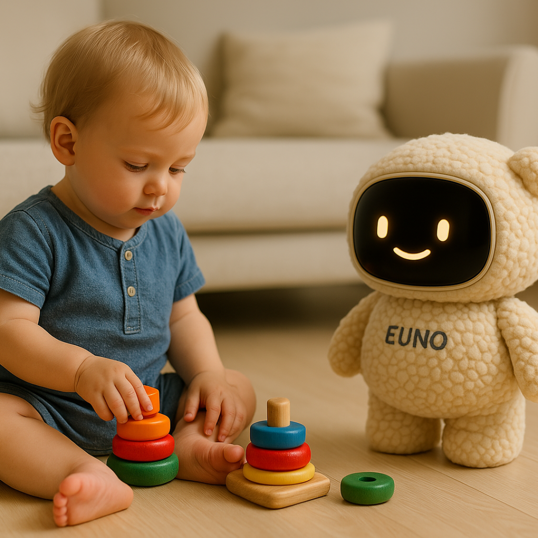 Un jeune enfant empile des anneaux colorés près du robot connecté EUNO au visage souriant, dans un salon chaleureux